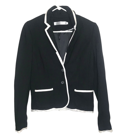 Women’s Black Blazer with White Piping Trim • Tailored 2-Button Jacket - Picture 1 of 12